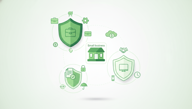clean comparison illustration showing three business insurance providers represented by abstract shields and office-related icons, with a small business in the center