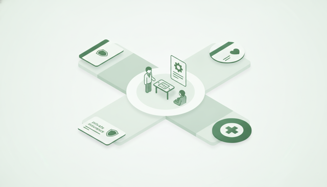 flat lay illustration of three different health coverage paths, one private insurance card, one workplace benefit folder, and one membership card, arranged around a doctor consultation scene