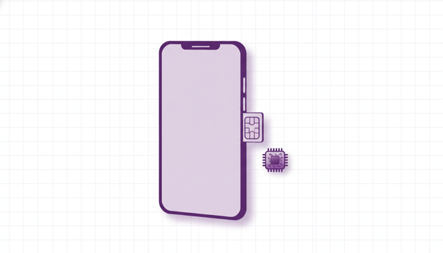 close-up illustration of a smartphone with a small SIM card tray and a tiny chip beside it, clean minimal style, no text