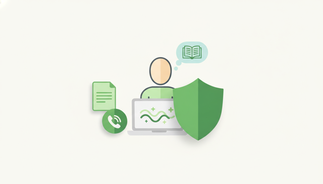 clean editorial illustration of a customer reading insurance reviews on a laptop beside a shield icon, with subtle document and phone support symbols