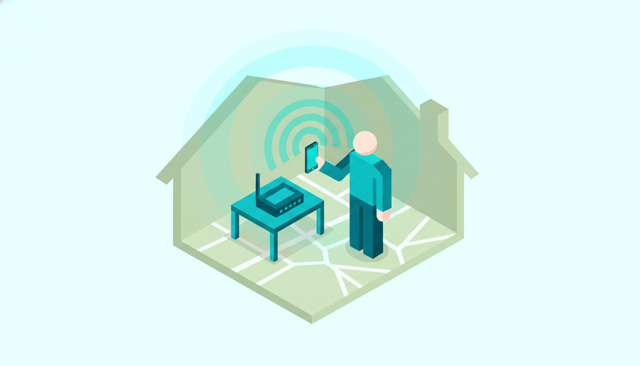 clean isometric illustration of a person connecting a smartphone to a home Wi-Fi network, with a router and subtle signal waves, modern flat style