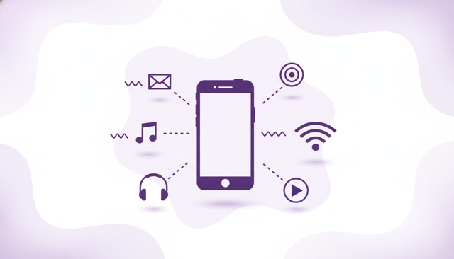minimalist mobile data usage illustration showing a smartphone surrounded by icons for email, music, social media, and video with varying signal waves
