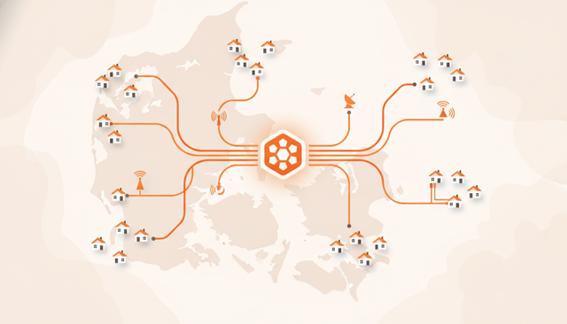 clean editorial illustration of a large internet provider network covering many Danish homes, with a central hub connecting to houses through different connection types