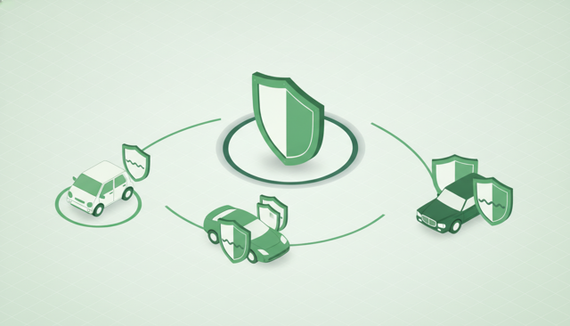 clean flat illustration of a car insurance price comparison with a small car, a sporty car, and a premium car, each shown with different shield icons and risk levels