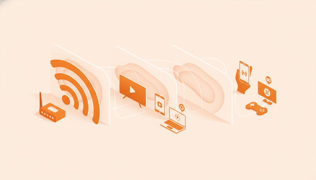 isometric illustration of a home interior with a router in one room, Wi-Fi signal waves weakening through walls, and several devices streaming simultaneously