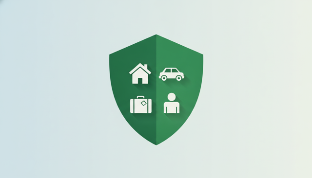 minimalist insurance coverage illustration showing a shield protecting a home, a car, a suitcase, and a person icon in a clean flat style