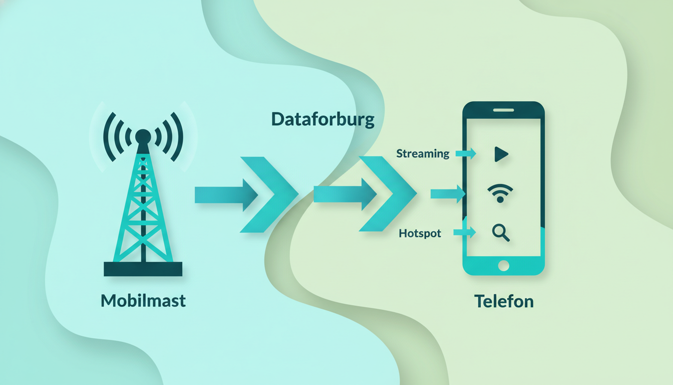clean infographic showing a smartphone connected to a mobile mast, with arrows illustrating data flow for browsing, streaming, and hotspot use. Danish labels: "Mobilmast", "Telefon", "Dataforbrug", "Streaming", "Hotspot"