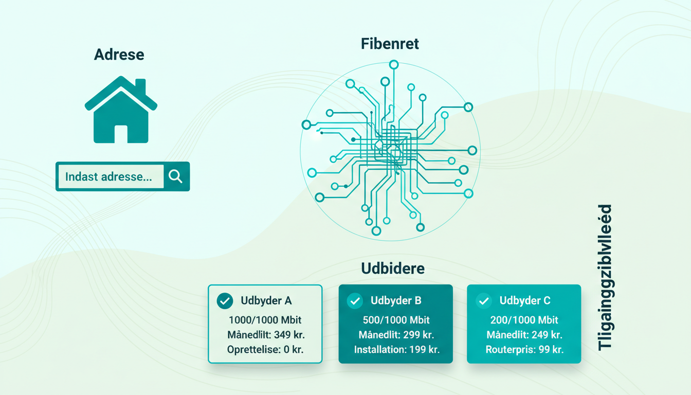 clean infographic showing a house, an address search bar, a fiber network map, and three provider cards with checkmarks. Danish labels: "Adresse", "Fibernet", "Udbydere", "Tilgængelighed"