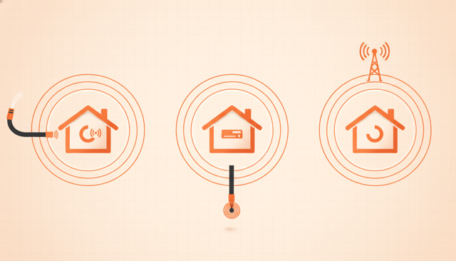 clean comparison illustration showing three internet delivery methods to a home: fiber cable, coax cable, and mobile signal tower, each feeding a simple house