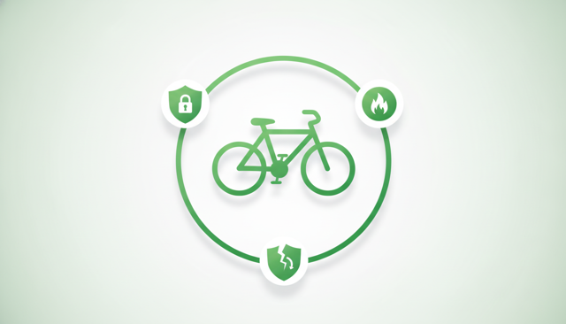 minimalist illustration of a bicycle with three surrounding protection icons representing theft, fire, and damage from a fall