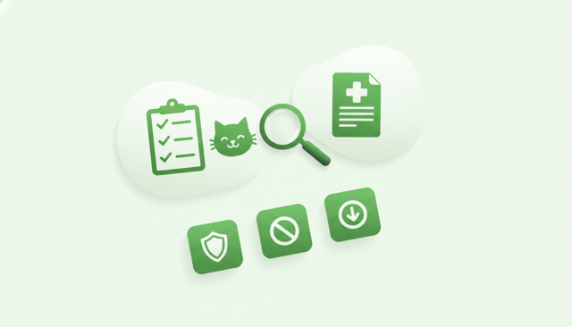 clean comparison scene showing a cat insurance policy checklist beside a vet bill, a magnifying glass, and three simple document cards representing coverage, exclusions, and deductible