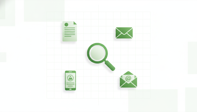 clean flat illustration of a paper insurance policy, a smartphone customer portal, an envelope, and an email icon arranged around a central magnifying glass, no text or numbers
