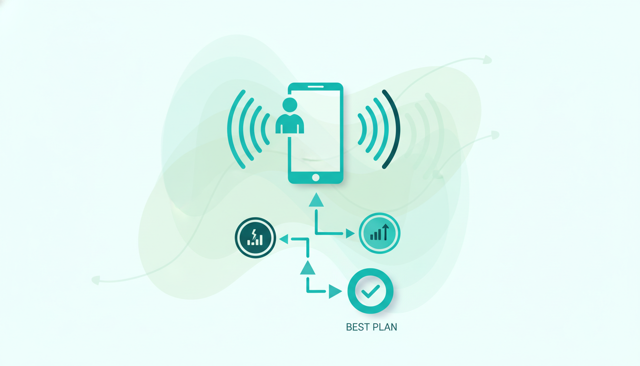 minimalist illustration of a person comparing mobile coverage and data usage on a smartphone, with signal waves and a simple decision path leading to the best plan
