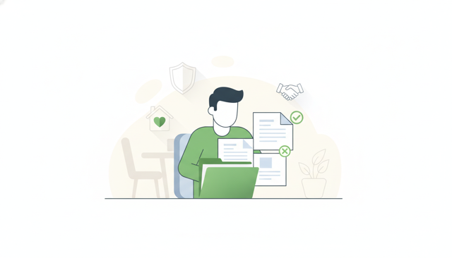 clean editorial illustration of a person reviewing membership eligibility documents beside a folder, with subtle insurance-themed icons and a calm neutral office setting