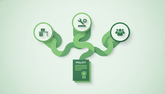 clean flat illustration of a small business insurance cost setup with three main factors flowing into one policy document, showing office worker, tools, and employees as separate visual icons