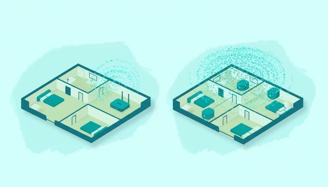 isometric illustration of a modern Wi-Fi router next to a newer mesh-style setup, showing improved coverage throughout a simple apartment layout