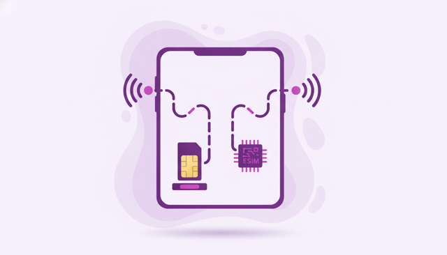 modern smartphone shown with one physical SIM card and one digital eSIM connection, two distinct signal paths, clean realistic technology illustration, no text, labels, or numbers