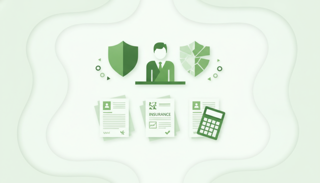 illustration of a business owner comparing insurance offers on a desk with documents, calculator, and shield icons, emphasizing choice and risk assessment