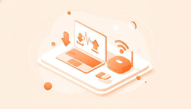 isometric illustration of a laptop running an internet speed test beside a Wi-Fi router, with abstract download, upload, and signal icons but no text, labels, or numbers