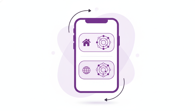 flat comparison illustration showing two mobile profiles on a single phone, one representing the home number and one representing travel data, with a simple globe and network connection motif
