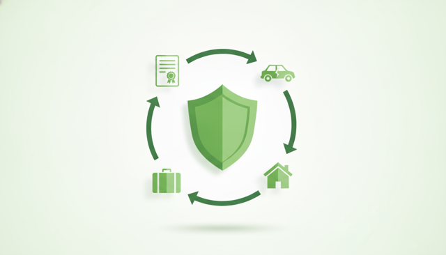 clean flat illustration showing a policy document, a shield icon, a broken car, a suitcase, and a house connected by arrows to represent different insurance cover areas