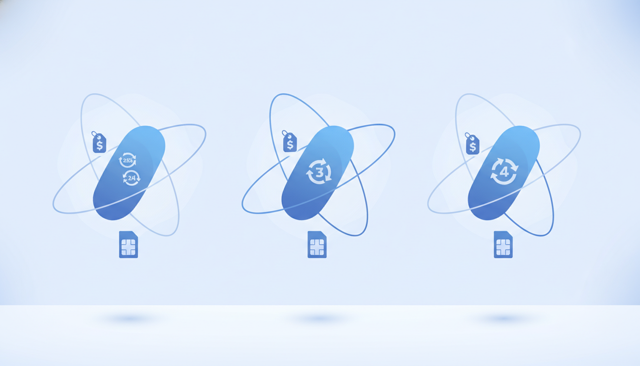 minimalist comparison of three mobile subscription cards with a price tag, data icon, and SIM card icon, arranged on a clean desk background