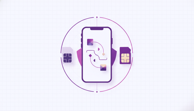 clean flat illustration of a person completing a mobile subscription transfer on a smartphone, with one old SIM card and one new SIM card beside the phone, simple modern style