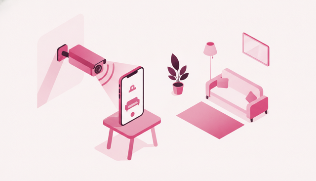 realistic yet clean illustration of an old smartphone mounted indoors as a security camera, streaming video to a second smartphone, cozy modern home, no text or labels
