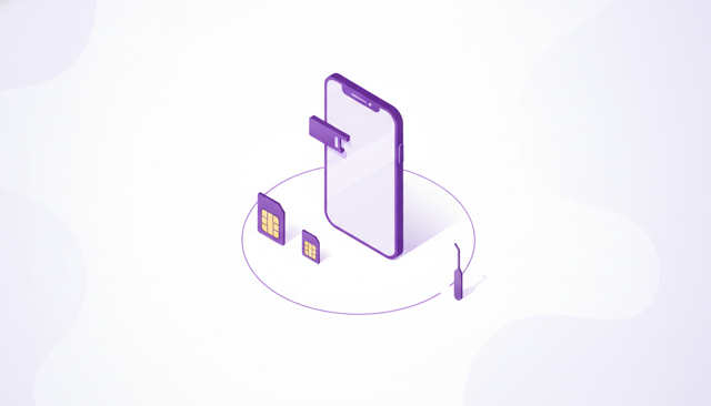 realistic flat-lay illustration of a smartphone, a SIM card tray, a nano SIM card, and a SIM eject tool on a clean desk, no text or labels