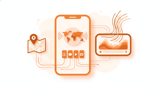 minimalist travel data usage illustration showing a smartphone, map, social media icons, and a streaming screen with varying data intensity