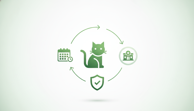 minimalist illustration of a cat next to a calendar, a veterinary clinic, and a shield icon showing when insurance coverage starts after a waiting period