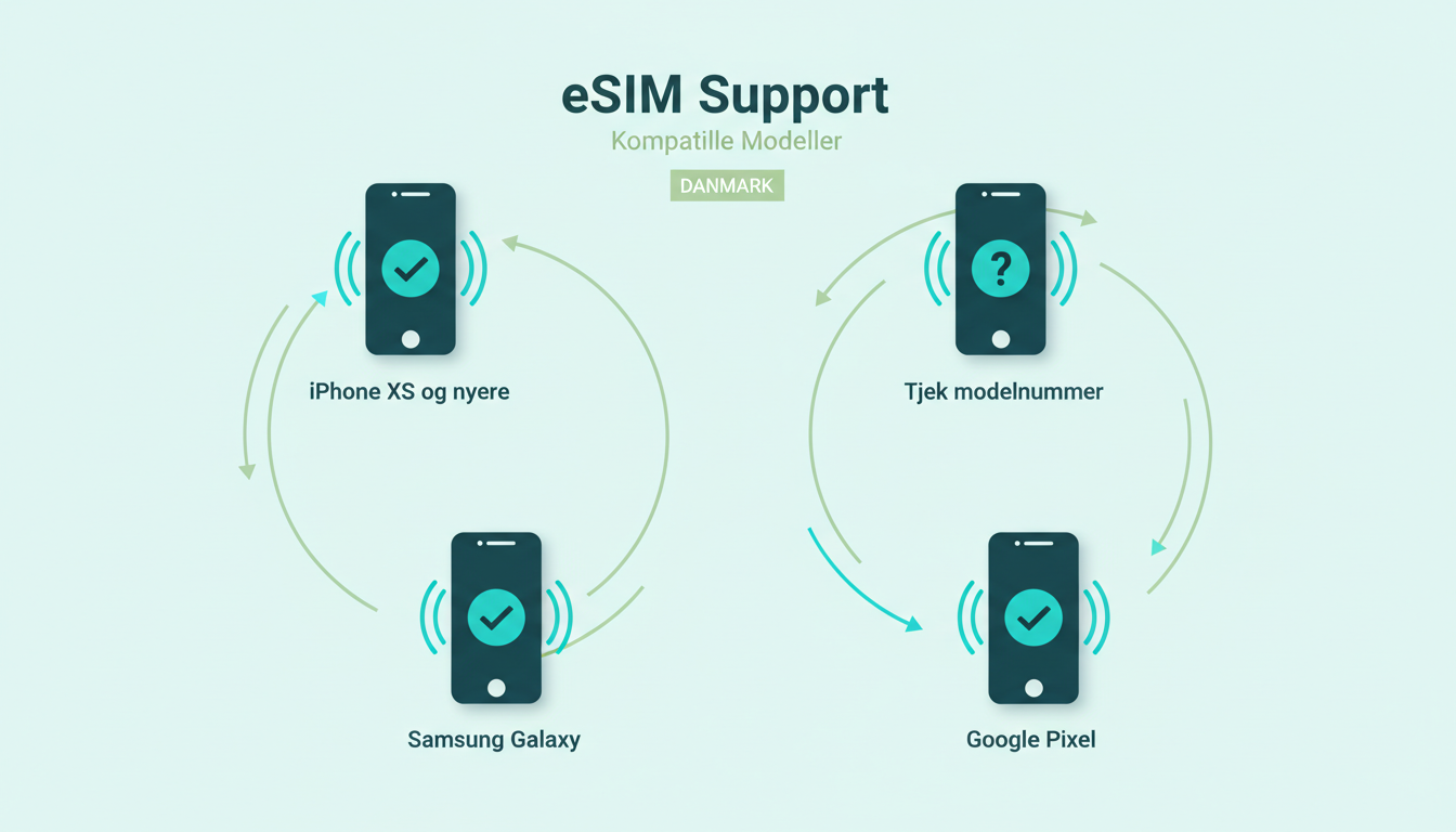 clean infographic showing four smartphone silhouettes with a checkmark on supported eSIM models and a question mark on unsupported older models. Danish labels: "iPhone XS og nyere", "Samsung Galaxy", "Google Pixel", "Tjek modelnummer"