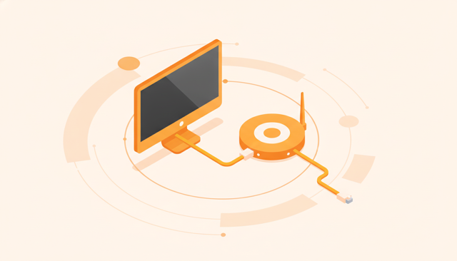 an isometric home office scene showing a desktop computer connected by an Ethernet cable to a router, with one loose cable and one plugged-in cable illustrating troubleshooting