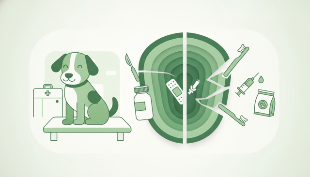 realistic editorial illustration of a dog at a veterinary clinic beside a divided visual showing covered medical treatment versus excluded preventive care, no text, labels, or numbers