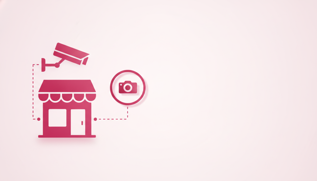 realistic yet clean illustration of a security camera above a shop entrance, with a clearly visible camera pictogram sign placed before the entrance, no text or labels