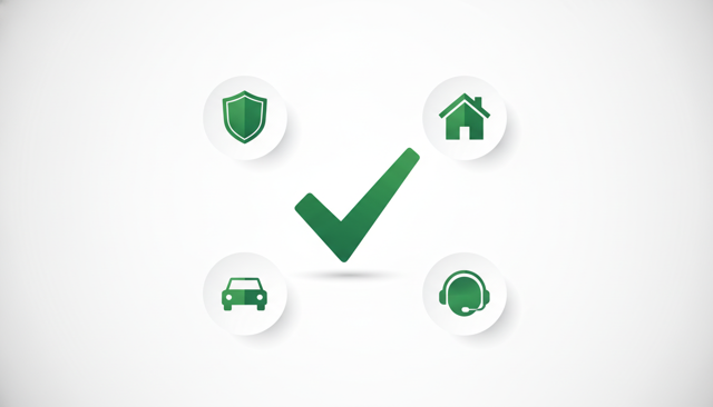minimalist illustration of a Danish home insurance review with a shield, a house, a car, and a customer service headset arranged around a central checkmark
