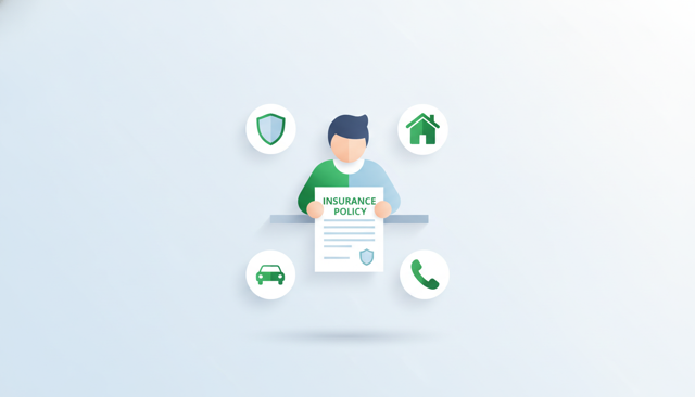 clean editorial illustration of a customer reviewing an insurance policy on a desk with shield, house, car, and phone support icons around it
