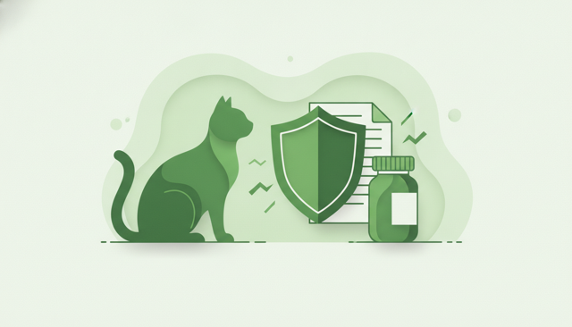 clean flat illustration of a cat next to a veterinary bill, a medicine bottle, and a shield icon, showing the idea of financial protection against pet care costs