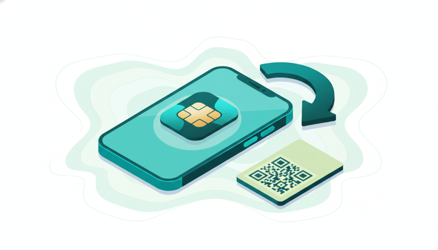 modern smartphone screen showing a digital SIM profile being installed next to a small QR code card, with a clean minimalist telecom theme