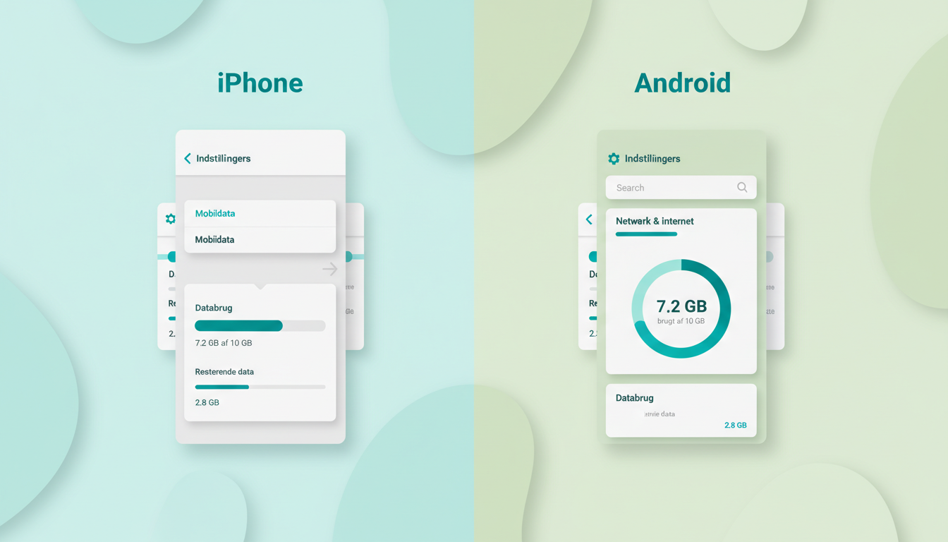 clean mobile interface comparison showing where to find data usage on iPhone and Android, with a simple settings path and progress bars. Danish labels: "iPhone", "Android", "Indstillinger", "Databrug", "Mobildata", "Resterende data"