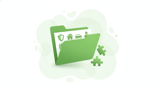 clean editorial illustration of a simple insurance folder containing a shield, house, car, suitcase, and person icons, with a few optional puzzle pieces beside it, no text, labels, or numbers