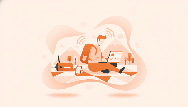 realistic lifestyle illustration of a traveler working on a laptop outdoors beside a compact mobile hotspot router and smartphone, with subtle wireless signal waves, no text or labels