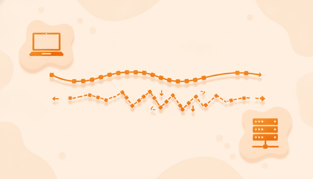 clean flat illustration of data packets traveling between a laptop and a distant server, with one steady path and one irregular path showing network delay variation, no text or numbers