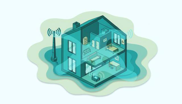 isometric illustration of a modern house with a 5G antenna outside, signal waves reaching different rooms, and a router placed near a window