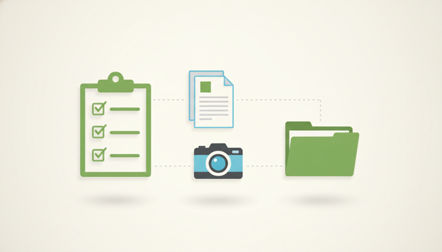 flat illustration of a checklist beside insurance documents, a camera, and a folder, showing the preparation steps before contacting customer service, no text or numbers