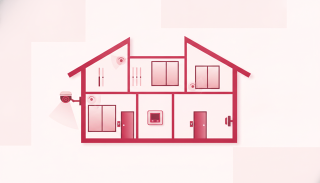 realistic cutaway illustration of a modern Danish house showing door sensors, window contacts, motion detectors, an alarm control panel, and a security camera, with no text or labels