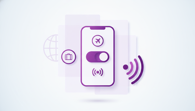 travel smartphone settings screen concept showing roaming being enabled for an international trip, with a suitcase, airplane, and signal waves in a clean flat illustration