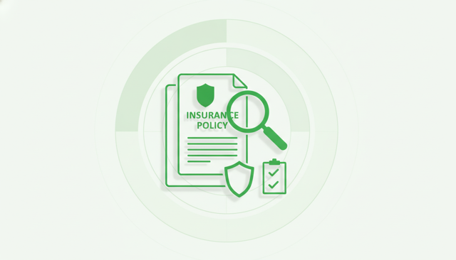 clean editorial illustration of an open insurance policy document beside a magnifying glass, shield icon, and checklist, no text, labels, or numbers