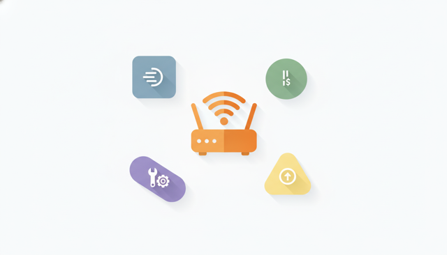 minimalist illustration of a broadband bill broken into four simple cost components, shown as separate abstract shapes around a router