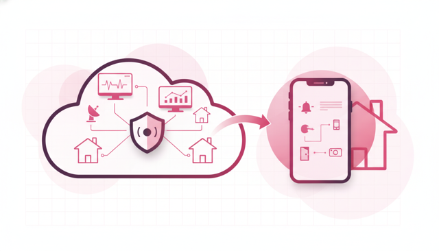 modern split-view illustration of a home security system, with a professional monitoring center on one side and a homeowner checking a smartphone alarm app on the other, no text or labels